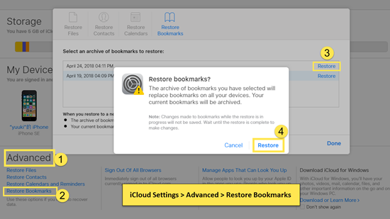 Restore iPhone Safari Bookmarks from iCloud Web